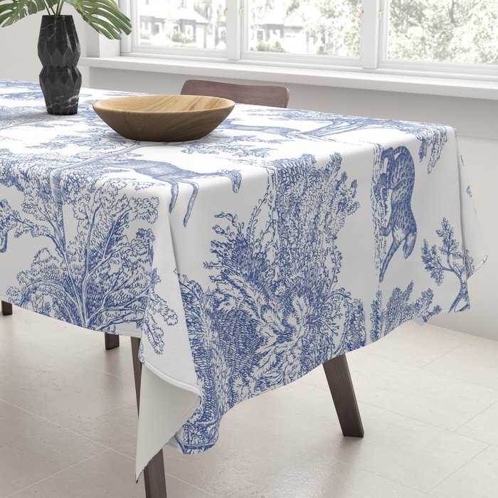 Toile de Jouy Vintage French Exotic Jungle Forest Navy Blue & White Tablecloth Gallery Image 3