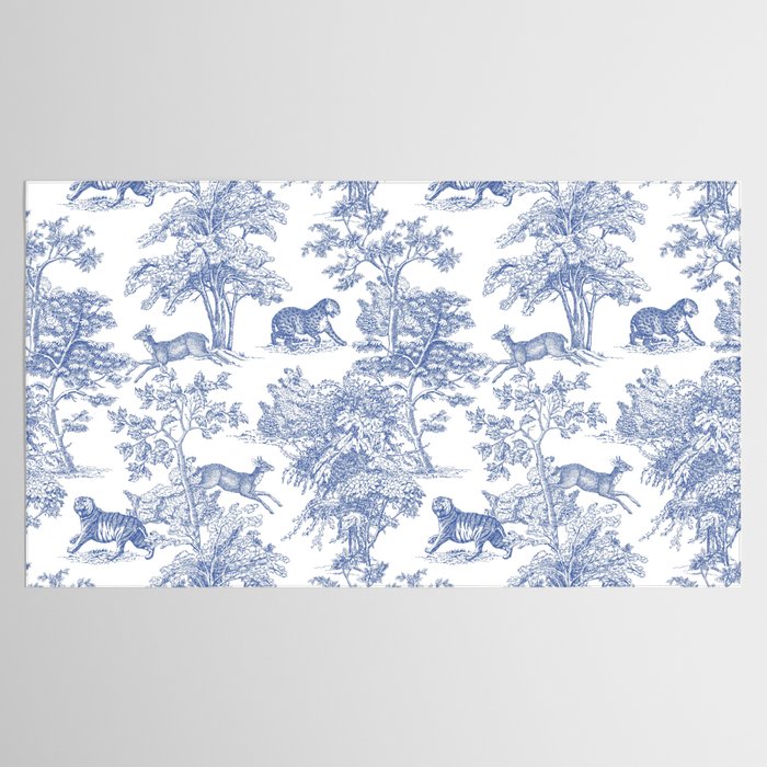 Toile de Jouy Vintage French Exotic Jungle Forest Navy Blue & White Tablecloth Gallery Image 2