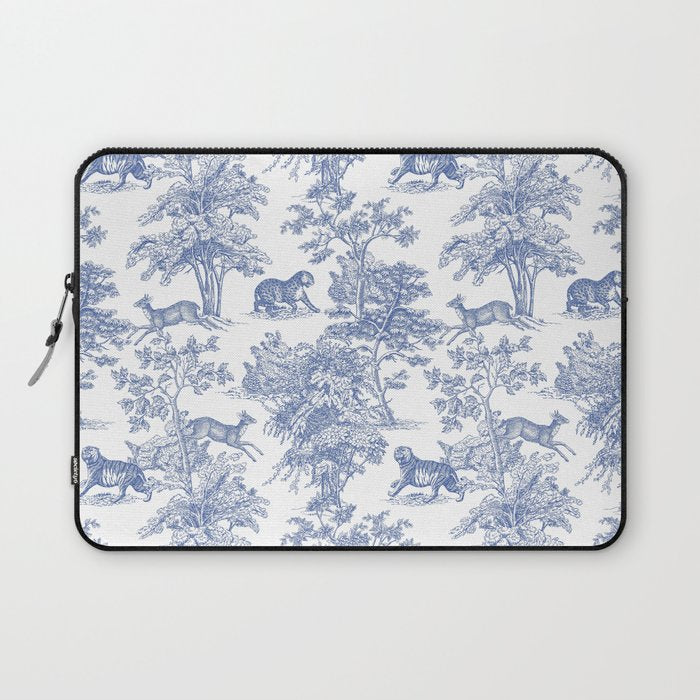 Toile de Jouy Vintage French Exotic Jungle Forest Navy Blue & White Laptop Sleeve Gallery Image 1