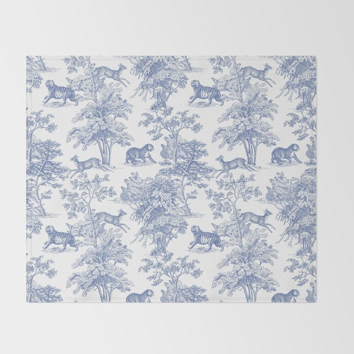Toile de Jouy Vintage French Exotic Jungle Forest Navy Blue & White Throw Blanket Gallery Image 2