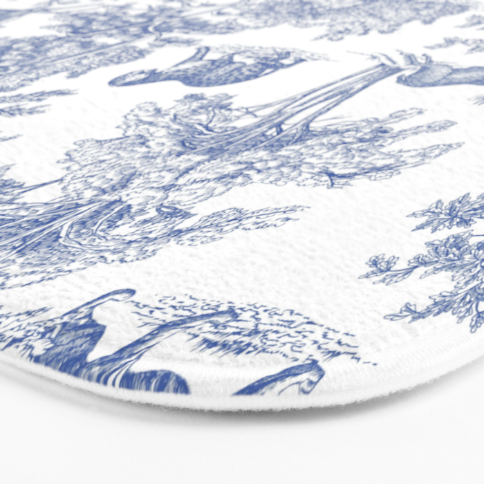 Toile de Jouy Vintage French Exotic Jungle Forest Navy Blue & White Bath Mat Gallery Image 3
