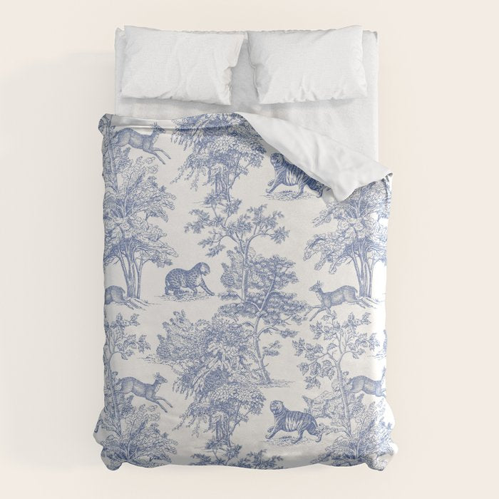 Toile de Jouy Vintage French Exotic Jungle Forest Navy Blue & White Duvet Cover Gallery Image 6