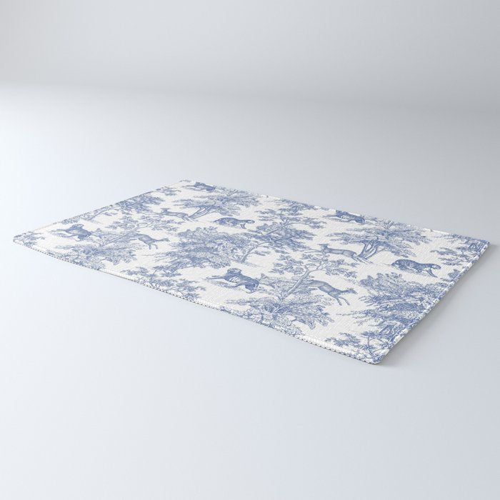 Toile de Jouy Vintage French Exotic Jungle Forest Navy Blue & White Rug Gallery Image 3