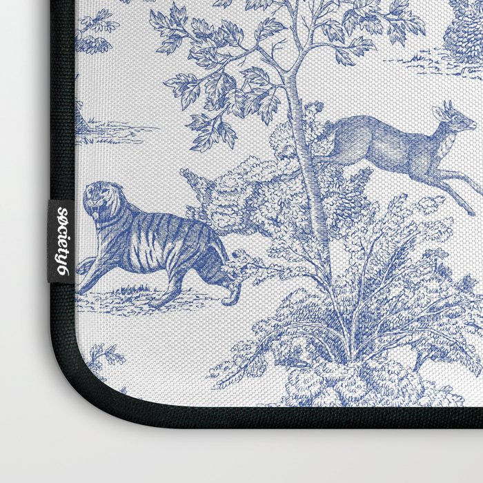 Toile de Jouy Vintage French Exotic Jungle Forest Navy Blue & White Laptop Sleeve Gallery Image 3