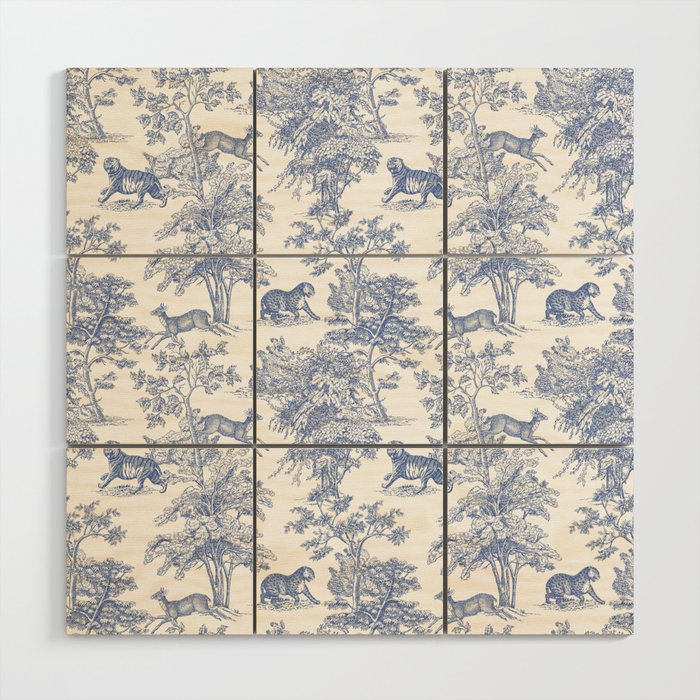 Toile de Jouy Vintage French Exotic Jungle Forest Navy Blue & White Wood Wall Art Gallery Image 1
