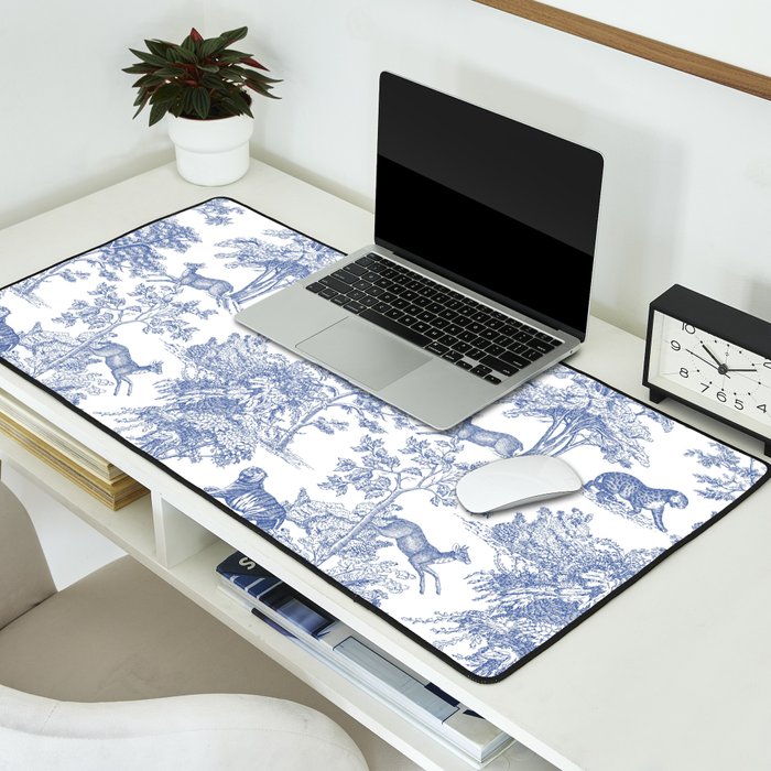 Toile de Jouy Vintage French Exotic Jungle Forest Navy Blue & White Desk Mat Gallery Image 2