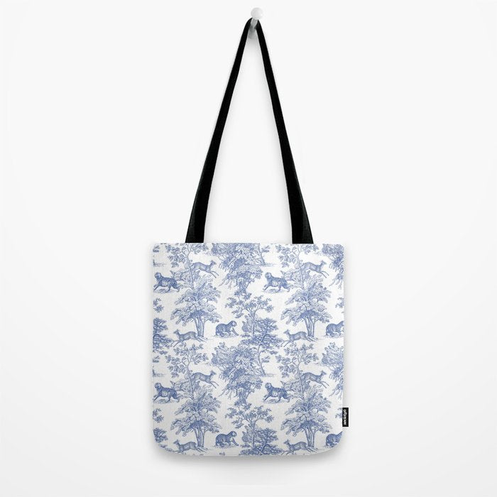 Toile de Jouy Vintage French Exotic Jungle Forest Navy Blue & White Tote Bag Gallery Image 2