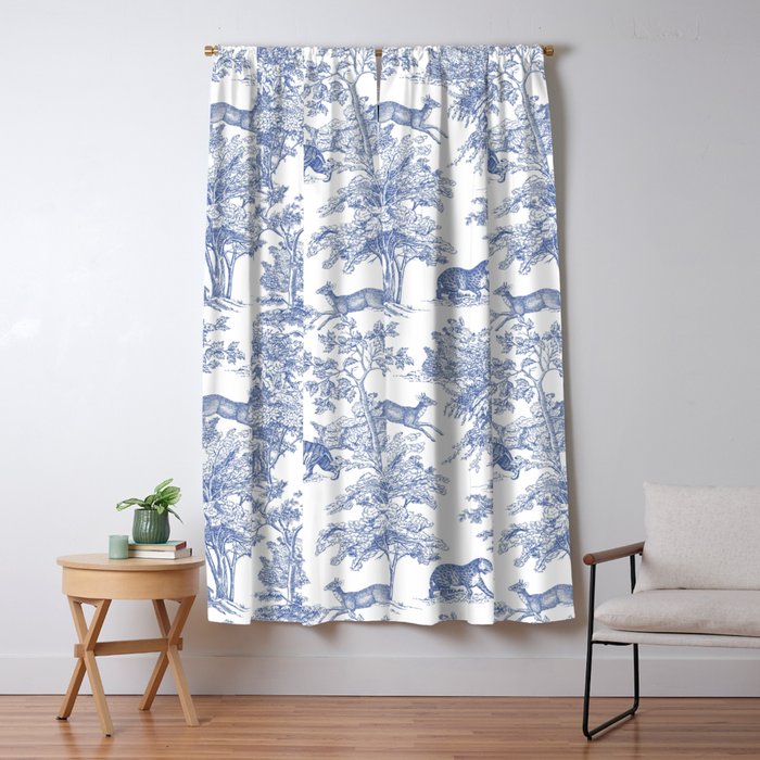 Toile de Jouy Vintage French Exotic Jungle Forest Navy Blue & White Window Curtain Gallery Image 5