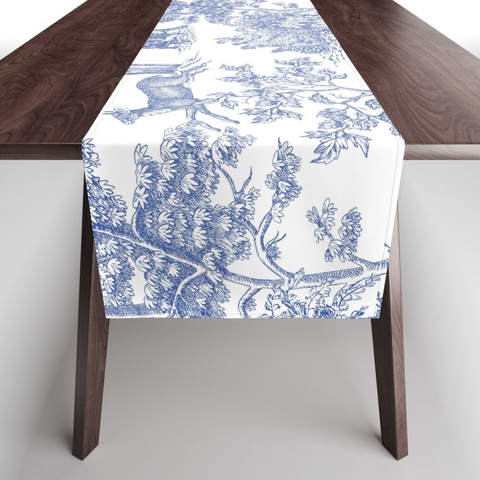 Toile de Jouy Vintage French Exotic Jungle Forest Navy Blue & White Table Runner Gallery Image 1