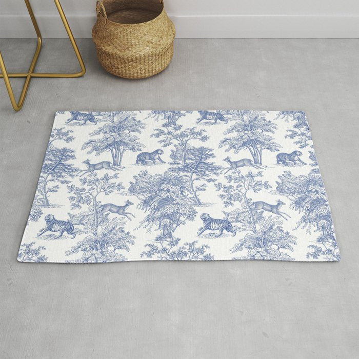 Toile de Jouy Vintage French Exotic Jungle Forest Navy Blue & White Rug Gallery Image 1