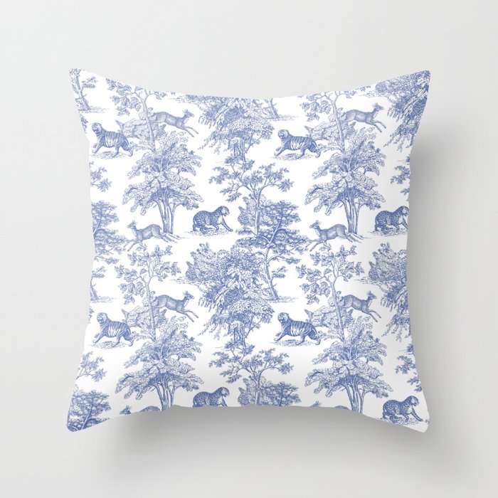 Toile de Jouy Vintage French Exotic Jungle Forest Navy Blue & White Throw Pillow Gallery Image 6