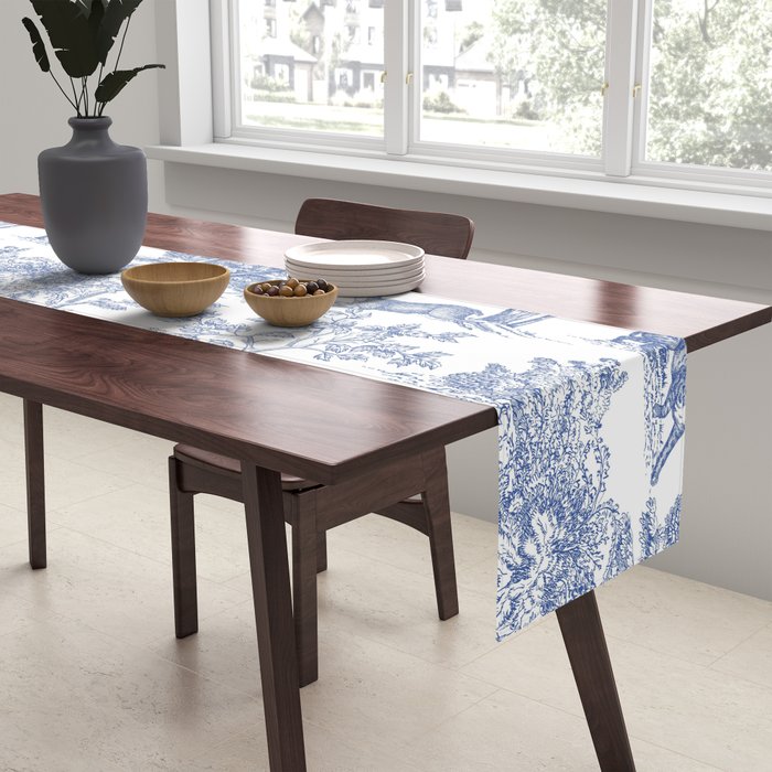 Toile de Jouy Vintage French Exotic Jungle Forest Navy Blue & White Table Runner Gallery Image 2