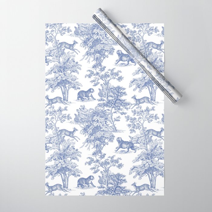 Toile de Jouy Vintage French Exotic Jungle Forest Navy Blue & White Wrapping Paper Gallery Image 1