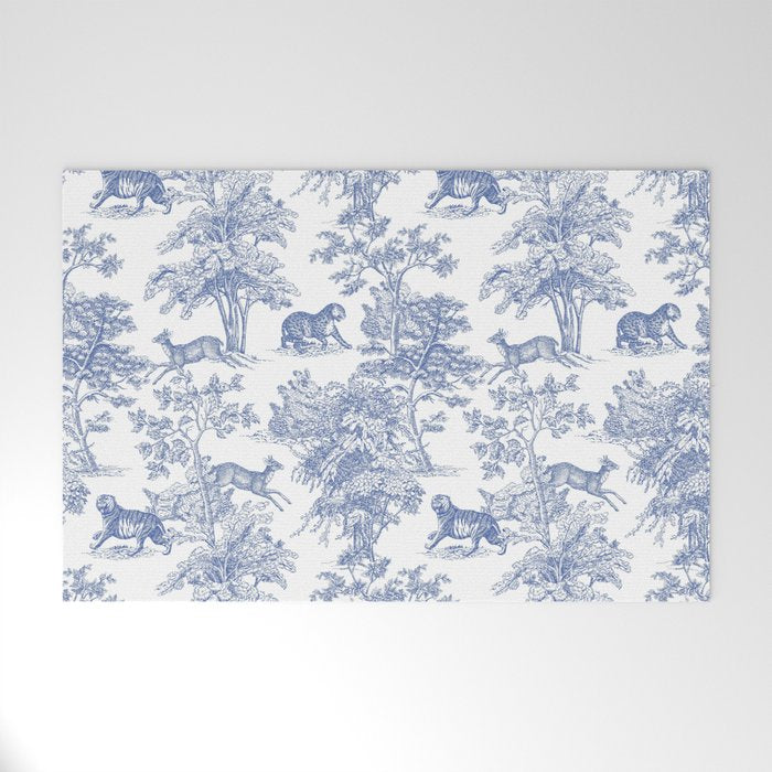 Toile de Jouy Vintage French Exotic Jungle Forest Navy Blue & White Welcome Mat Gallery Image 1