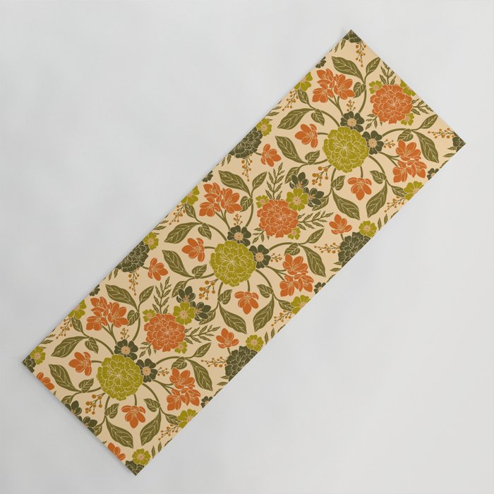 Retro 1970s Floral in Olive Green & Orange Yoga Mat Gallery Image 1
