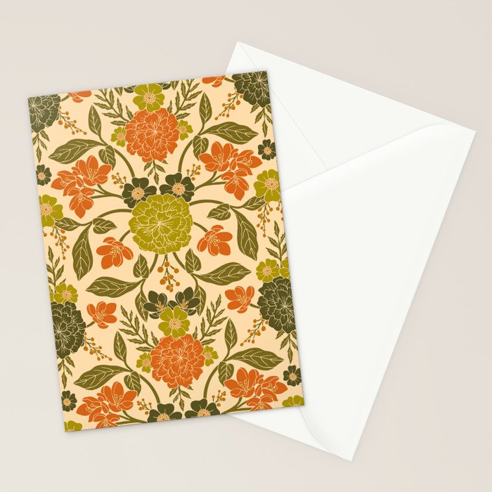 Retro 1970s Floral in Olive Green & Orange Stationery Card Gallery Image 2