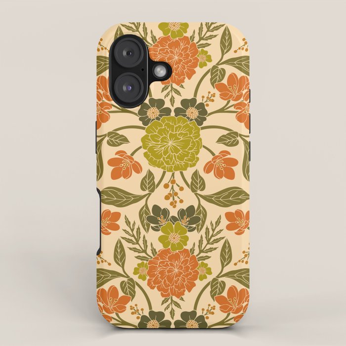 Retro 1970s Floral in Olive Green & Orange iPhone Case Gallery Image 1
