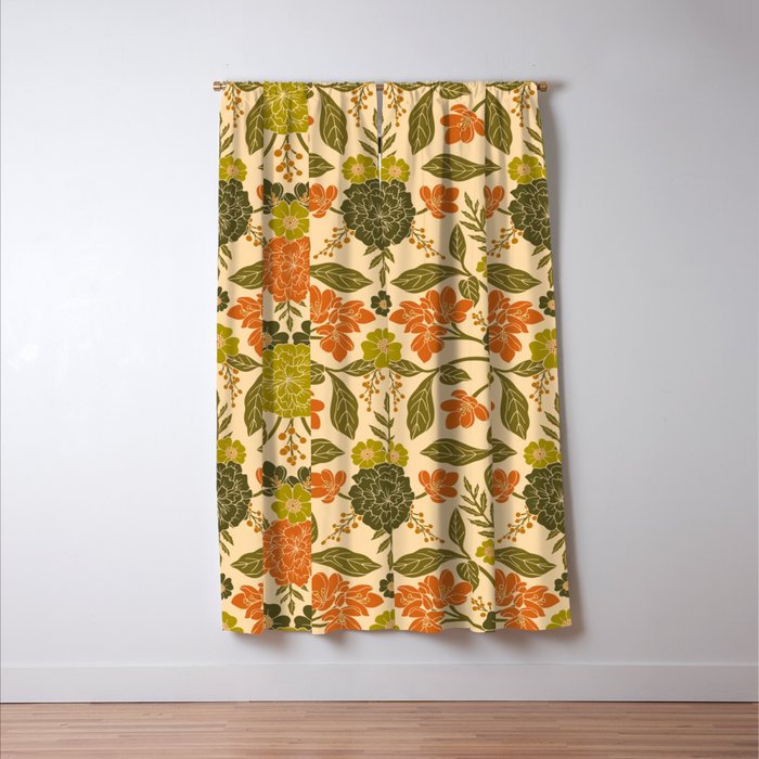 Retro 1970s Floral in Olive Green & Orange Window Curtain Gallery Image 3