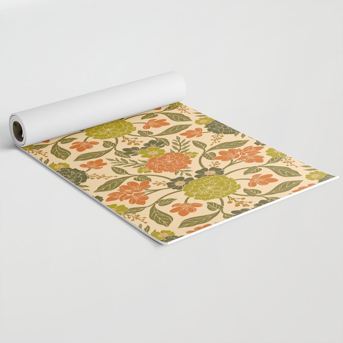 Retro 1970s Floral in Olive Green & Orange Yoga Mat Gallery Image 2