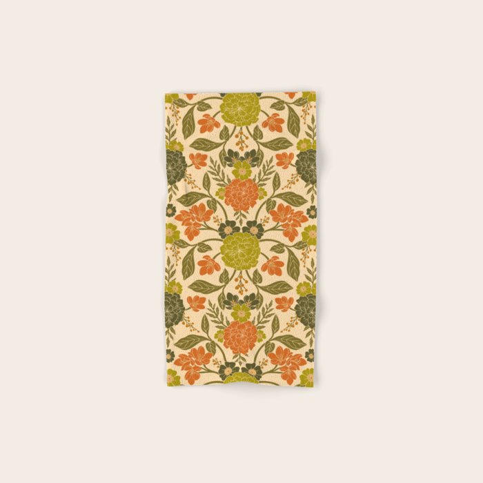 Retro 1970s Floral in Olive Green & Orange Bath Towel Gallery Image 1