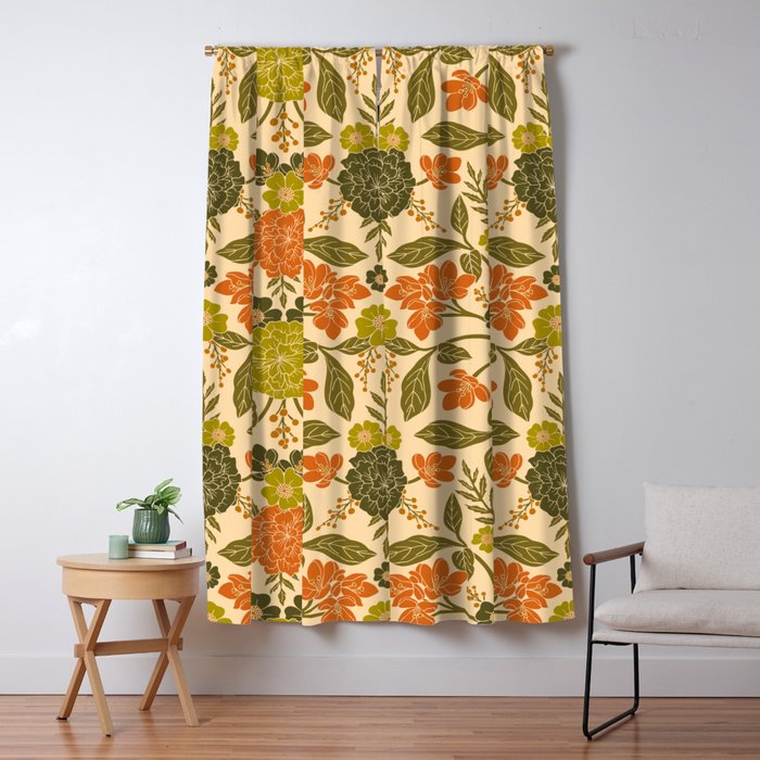 Retro 1970s Floral in Olive Green & Orange Window Curtain Gallery Image 5