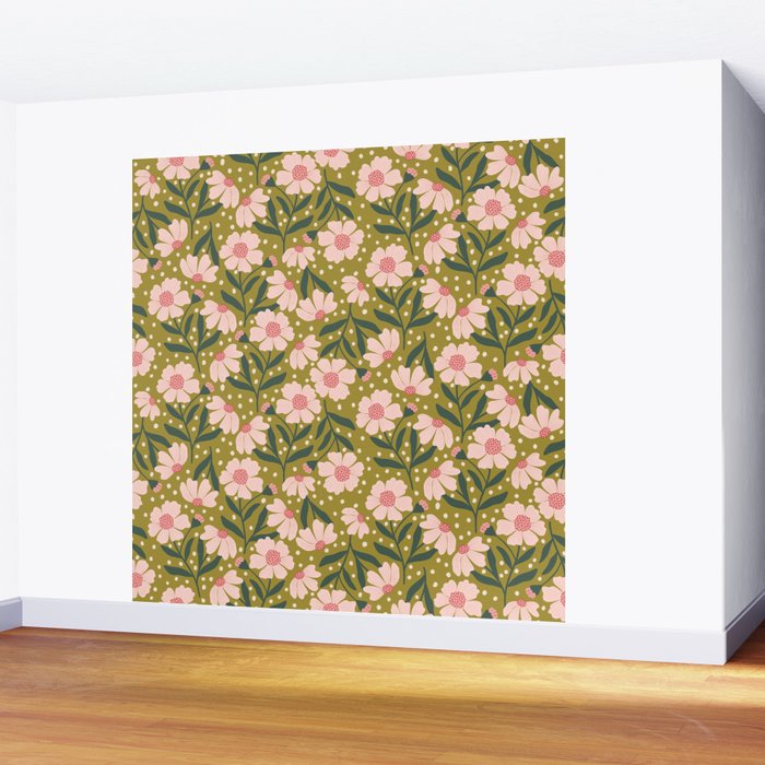 Pink and Green Floral Dream  Wall Mural Gallery Image 2