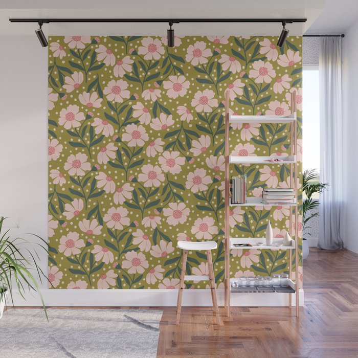 Pink and Green Floral Dream  Wall Mural Gallery Image 1