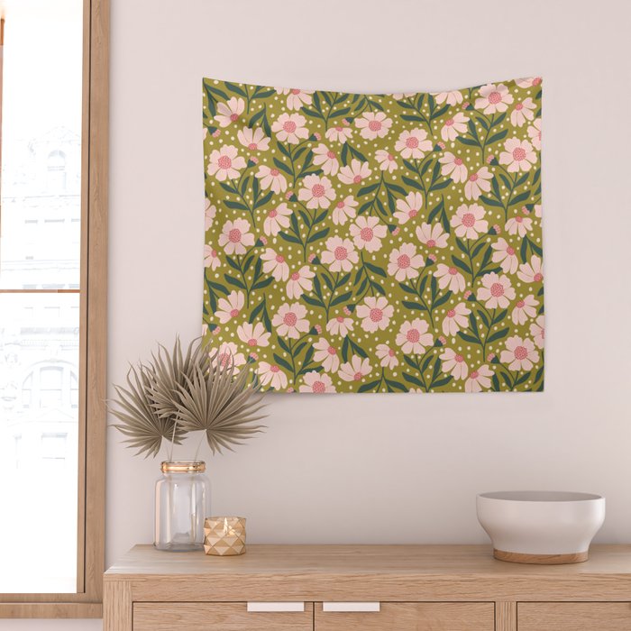 Pink and Green Floral Dream  Wall Tapestry Gallery Image 2