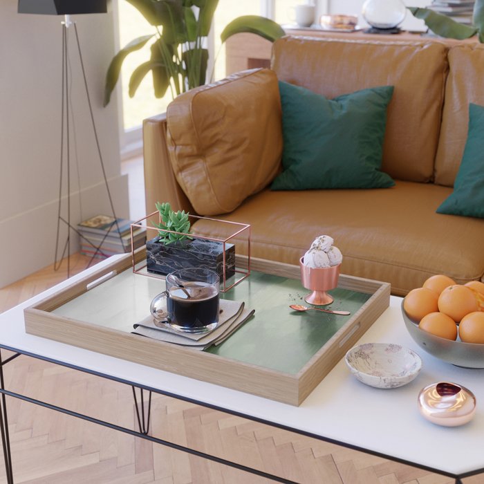 Green Mountain - Valley Hills Gray Sky Grass Plants Abstract Nature Painting Art Print Wall Decor Serving Tray Gallery Image 2