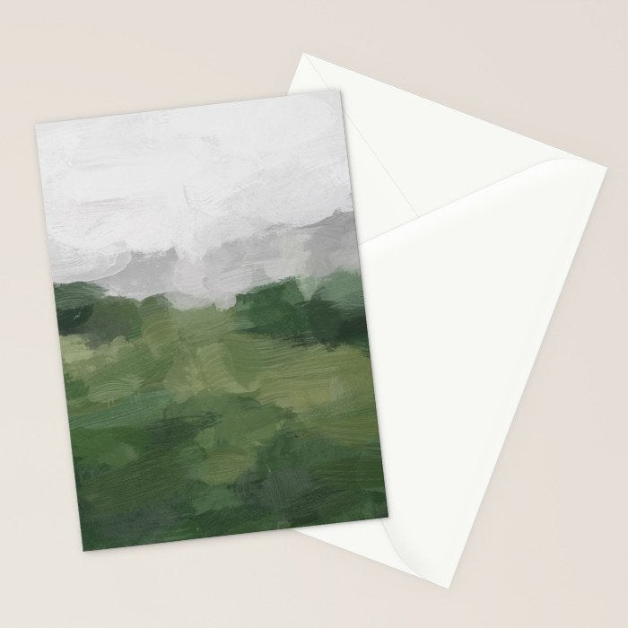 Green Mountain - Valley Hills Gray Sky Grass Plants Abstract Nature Painting Art Print Wall Decor Stationery Card Gallery Image 2