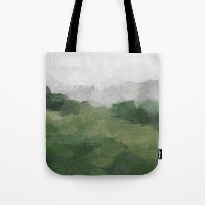 Green Mountain - Valley Hills Gray Sky Grass Plants Abstract Nature Painting Art Print Wall Decor Tote Bag Gallery Image 1