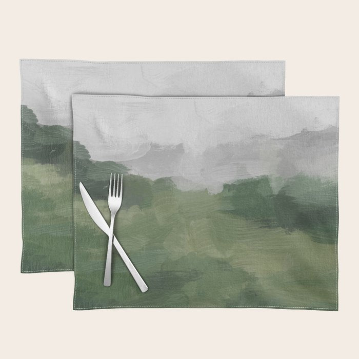 Green Mountain - Valley Hills Gray Sky Grass Plants Abstract Nature Painting Art Print Wall Decor Placemat Gallery Image 1