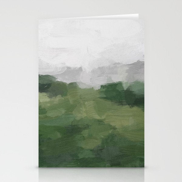 Green Mountain - Valley Hills Gray Sky Grass Plants Abstract Nature Painting Art Print Wall Decor Stationery Card Gallery Image 1
