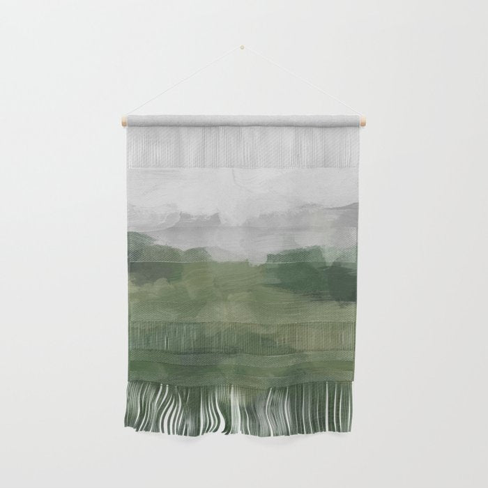 Green Mountain - Valley Hills Gray Sky Grass Plants Abstract Nature Painting Art Print Wall Decor Wall Hanging
