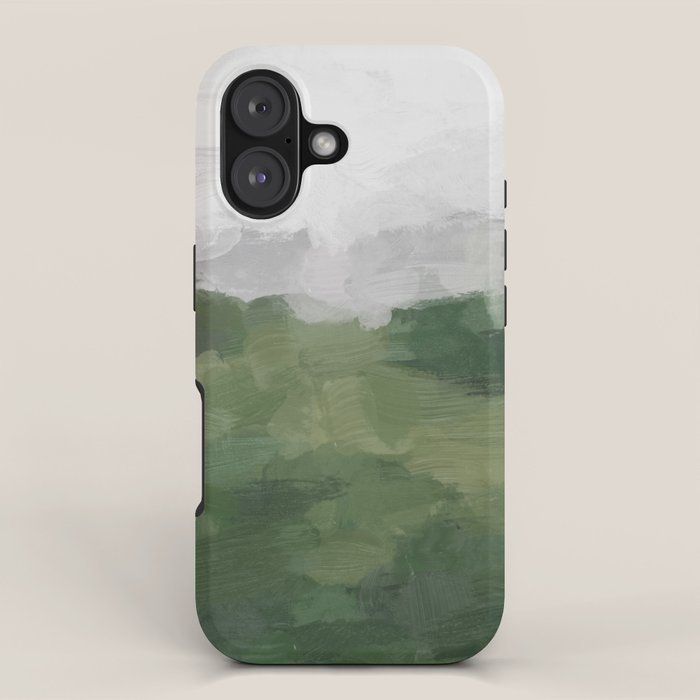 Green Mountain - Valley Hills Gray Sky Grass Plants Abstract Nature Painting Art Print Wall Decor iPhone Case Gallery Image 1