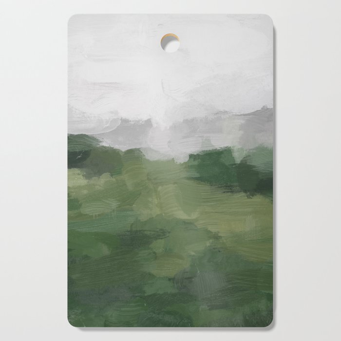 Green Mountain - Valley Hills Gray Sky Grass Plants Abstract Nature Painting Art Print Wall Decor Cutting Board Gallery Image 1