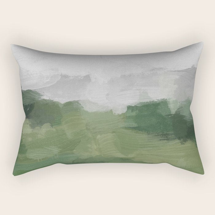 Green Mountain - Valley Hills Gray Sky Grass Plants Abstract Nature Painting Art Print Wall Decor Rectangular Pillow Gallery Image 2