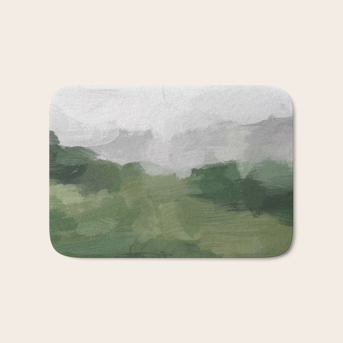 Green Mountain - Valley Hills Gray Sky Grass Plants Abstract Nature Painting Art Print Wall Decor Bath Mat Gallery Image 1