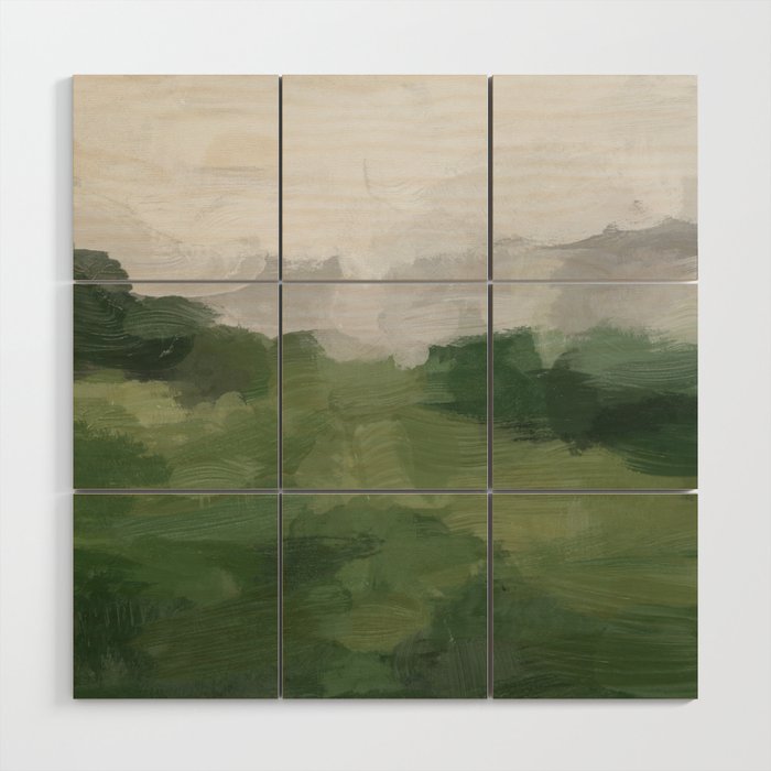 Green Mountain - Valley Hills Gray Sky Grass Plants Abstract Nature Painting Art Print Wall Decor Wood Wall Art Gallery Image 1