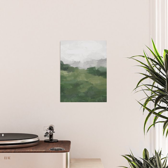 Green Mountain - Valley Hills Gray Sky Grass Plants Abstract Nature Painting Art Print Wall Decor Poster Gallery Image 2