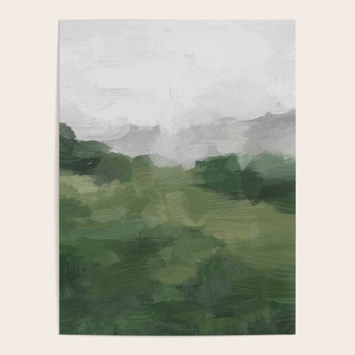 Green Mountain - Valley Hills Gray Sky Grass Plants Abstract Nature Painting Art Print Wall Decor Poster Gallery Image 4