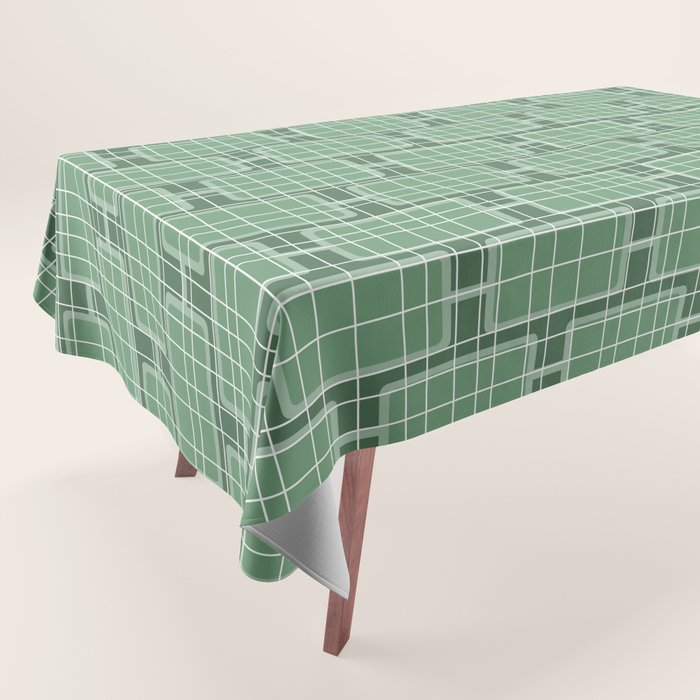 Mid Century Modern Woven Link Pattern in Green Tablecloth Gallery Image 1