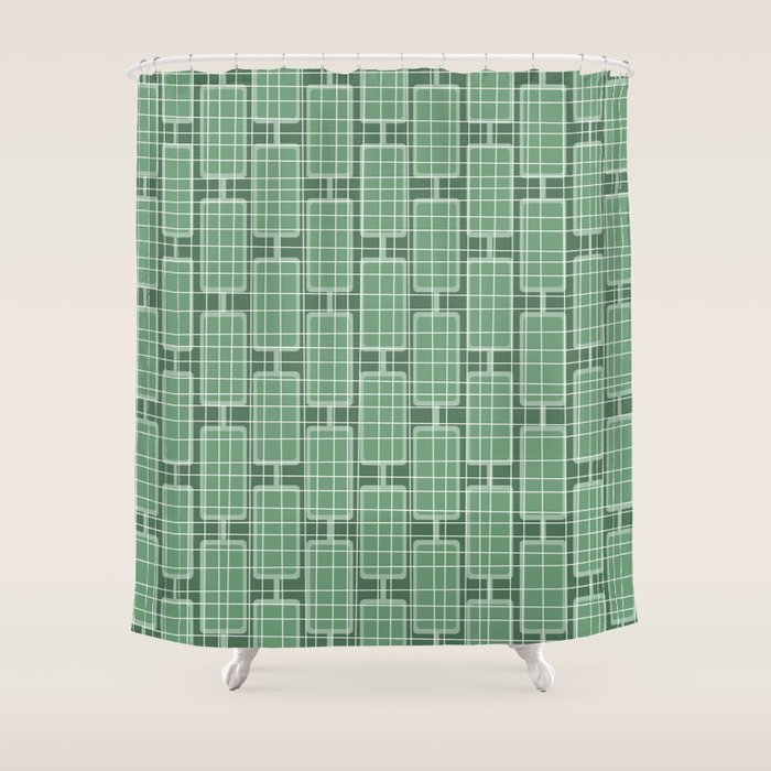 Mid Century Modern Woven Link Pattern in Green Shower Curtain Gallery Image 1