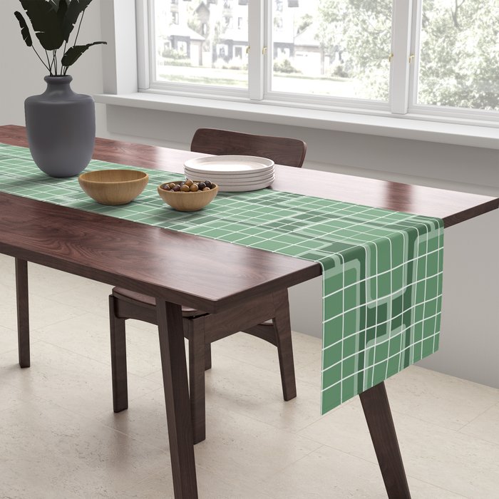 Mid Century Modern Woven Link Pattern in Green Table Runner Gallery Image 2