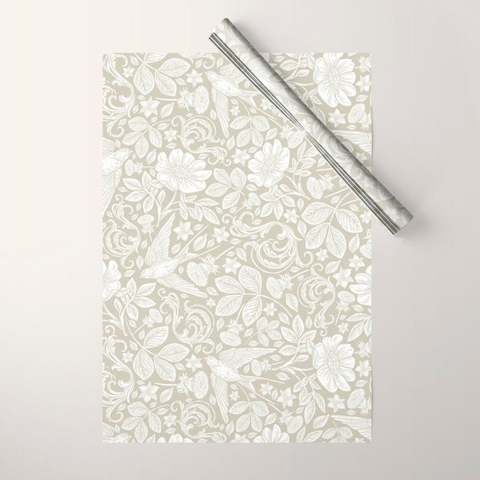 Vintage Elegant White Ivory Cream Swallows Floral Wrapping Paper Gallery Image 1
