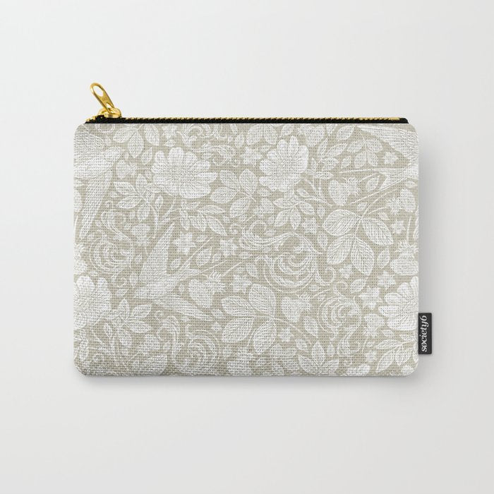 Vintage Elegant White Ivory Cream Swallows Floral Carry All Pouch Gallery Image 1