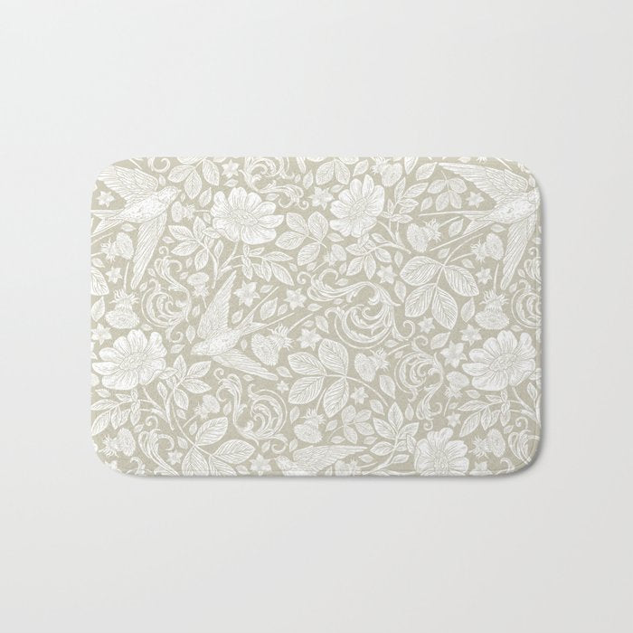 Vintage Elegant White Ivory Cream Swallows Floral Bath Mat Gallery Image 1