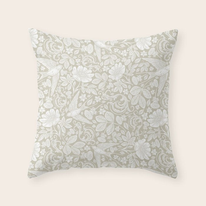 Vintage Elegant White Ivory Cream Swallows Floral Throw Pillow Gallery Image 6