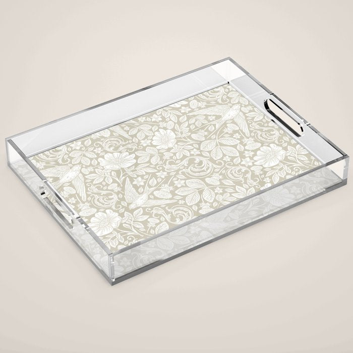 Vintage Elegant White Ivory Cream Swallows Floral Acrylic Tray Gallery Image 1