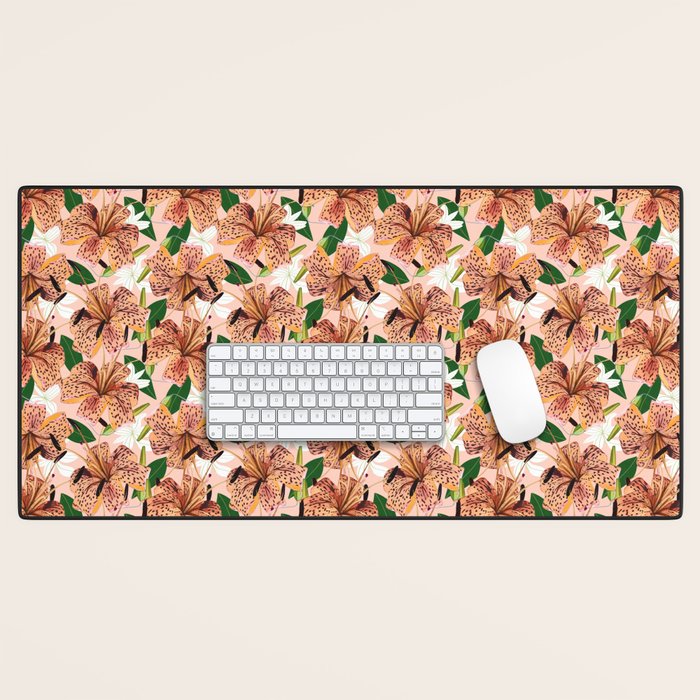 Tiger Lillies, Tropical Blush Botanical Illustration, Polka Dots Nature Vibrant Floral Jungle Desk Mat Gallery Image 1